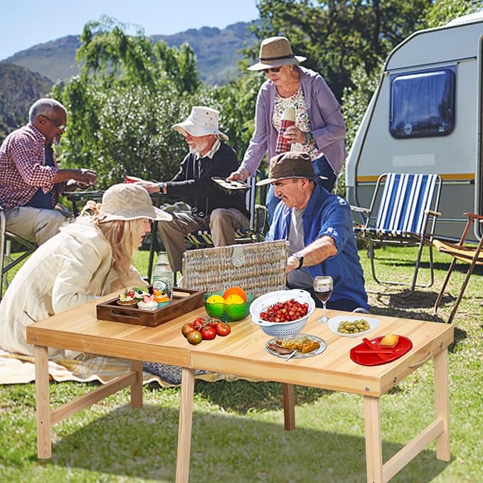 Foldable Boho Wooden Picnic Table, No Assembly Required Portable Outdoor Indoor Low Picnic Table for Floor Seating, Beach, Camping, BBQ, Backyard, 48" x 24", Seats 4–6 People