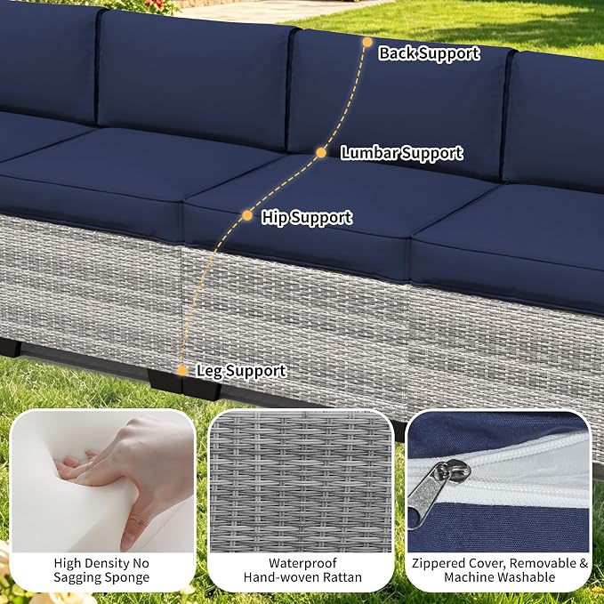 5 Pieces Outdoor Patio Furniture Set, Wicker Modular Sectional Sofa, All Weather Conversation Sets with Glass Table for Yard, Garden, Poolside, Off-White Rattan & Navy Blue Cushions