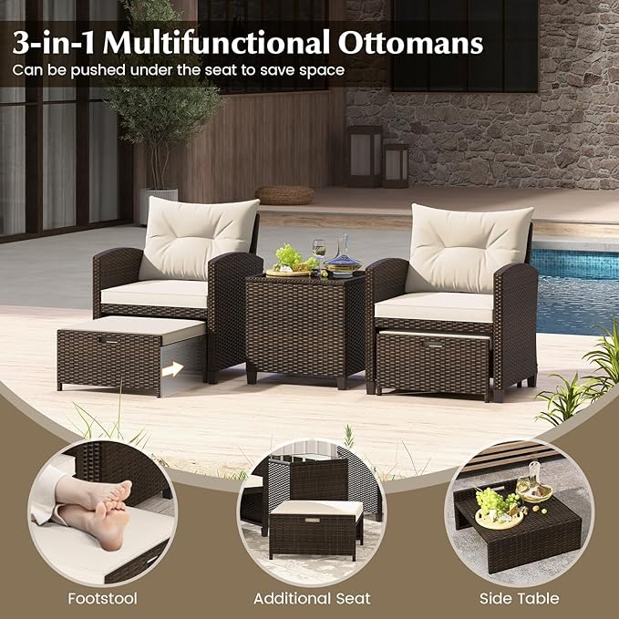 KOTEK 5 Pieces Patio Furniture Set with Ottomans, Wicker Patio Conversation Set with Coffee Table & Cushions, PE Rattan Outdoor Lounge Chairs for Backyard, Porch, Poolside (Mix Brown- Off White)