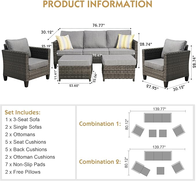 HOOOWOOO 5-Piece Luxury Patio Furniture Set– Stylish, Comfortable Outdoor Rattan Sofa Set with 2 Chairs, 2 Ottoamns, Weather-Resistant Patio Conversation Set for Deck, Garden, Balcony (Dark Grey)