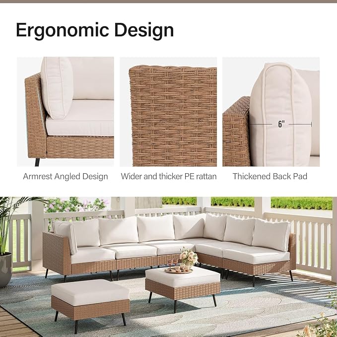 8 Piece Outdoor Patio Furniture Set with Thick Cushions, All Weather PE Rattan Wicker Sectional Sofa Conversation Set for Garden, Backyard, Poolside, Modular Outdoor Lounge Furniture Set(Beige)
