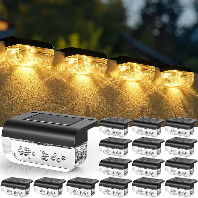 Herzila 16 Pack Solar Fence Lights, Waterproof Outdoor Solar Step Lights Fence Lights Solar Powered for Outside, Step, Fence, Deck, Stair, Pool and Yard, Warm White