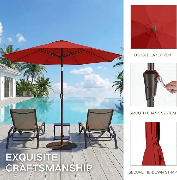 Kingdura 10FT Outdoor Patio Umbrella, Market Table Umbrella with Push Button Tilt and Crank, 8 Sturdy Fiberglass Ribs, UV Protection for Pool, Lawn, Deck, Backyard, Garden (Red)