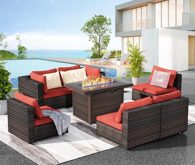 Grezone 7 Piece Patio Furniture Set with Fire Pit Table, Patio Sectional Furniture Sofa Set, Patio Conversation Sets with Cushions and Glass Coffee Table for Garden Lawn Balcony Porch Deck, Red