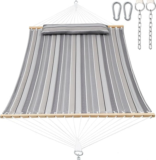 GAFETE Hammock 2 Person Quilted Fabric Hammocks for Outside, Double 12ft Hammocks with Spreader Bar, Large Removable Pillow, Storage Bag, Carabiners, Max 475 lbs Capacity (Peace Dove Grey)