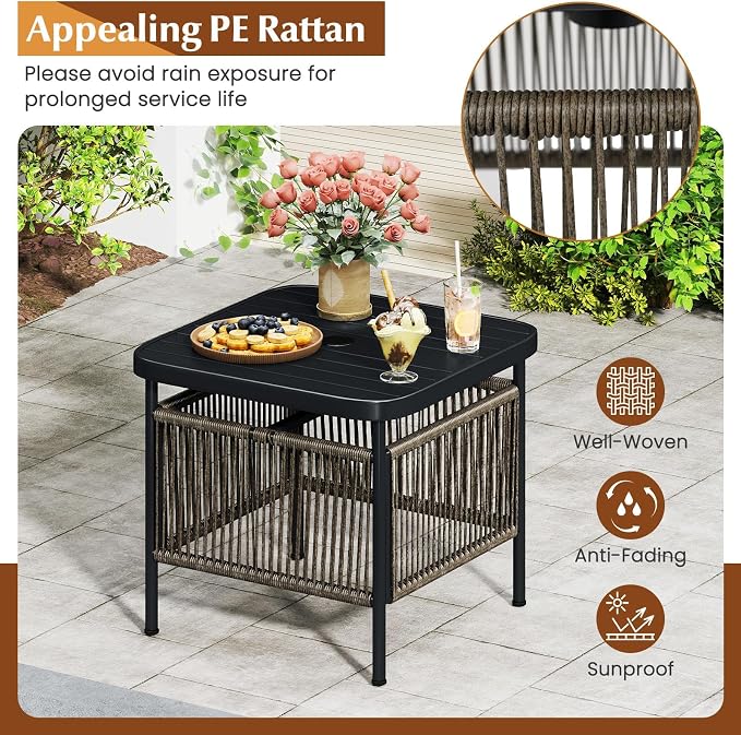 HAPPYGRILL Outdoor Side Table with Umbrella Hole 1.57”, Square Rattan Wicker Coffee Bistro End Table Umbrella Stand, for Backyard Poolside Garden (2)