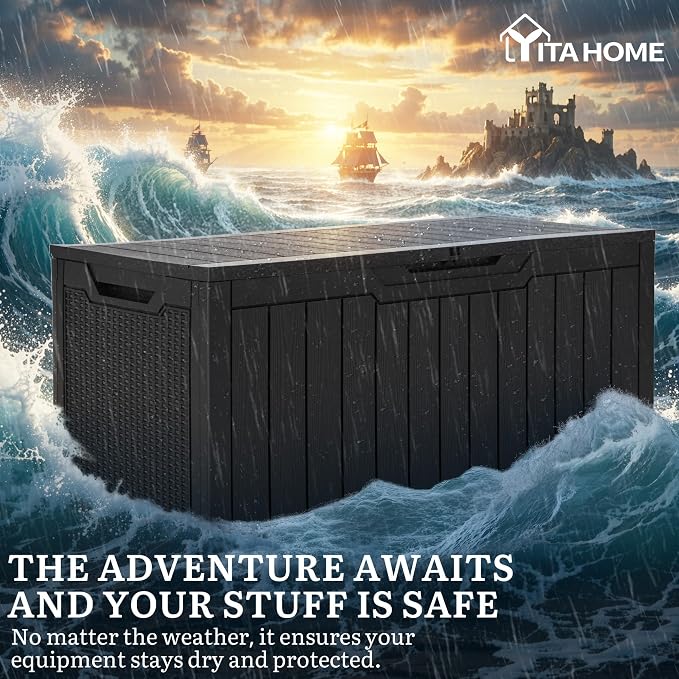 YITAHOME 100 Gallon Outdoor Storage Box, Large Water Resistant Resin Deck Box, Indoor Outdoor Lockable Storage Container for Patio, Garden, Cushions, Tools, Equipment (Black)