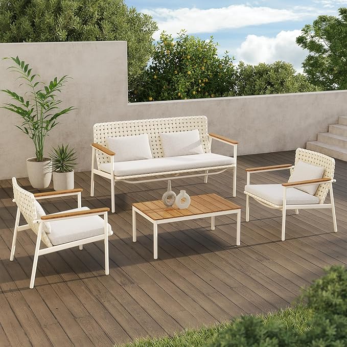 Grand patio 4-Piece Patio Conversation Set, Outdoor Wicker Sofa Set with Waterproof Cushions All-Weather Wicker Furniture Sectional Sofa for Garden, Poolside, or Backyard Relaxation-Grey