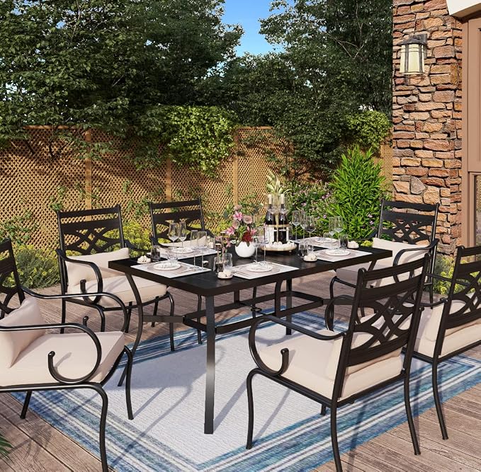 MFSTUDIO 7 PCS, Patio Dining Set, 59"×35", Umbrella Hole | Wrought Iron, Steel, Metal, Weather resistant, Easy to clean, E-coated frame