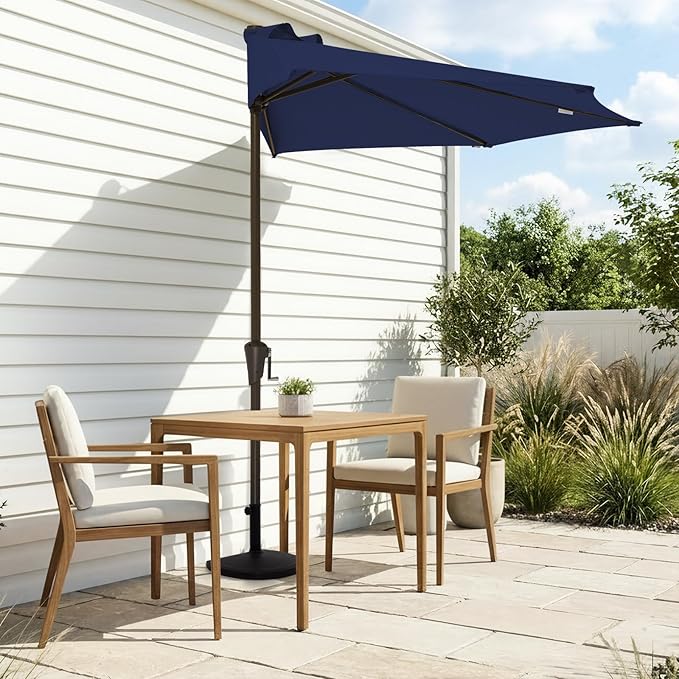 JEAREY 9ft Half Umbrella Outdoor Patio Umbrella Market Umbrellas with Crank, 1/2 Round Wall Umbrella 5 Sturdy Ribs UV Protection for Pool Garden Balcony Deck, Navy