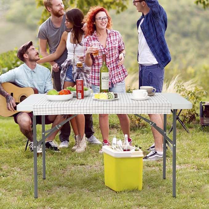 ZenStyle 4 ft Indoor Outdoor Heavy Duty Plastic Folding Table Portable Picnic Table Fold-in-Half Utility Table w/Handle and Steel Legs for Camping, Dining, Party, White