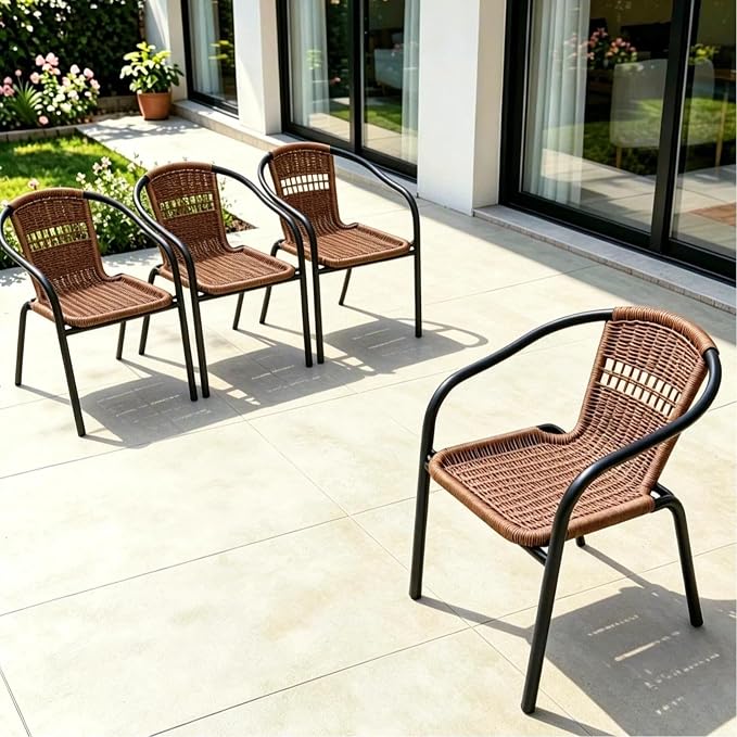 4 Pack Brown Stackable Outdoor Rattan Chairs, All-Weather Patio Seating for Balcony Porch Lawn, Small Patio Furniture Set for Front Porch Decor & Outdoor Spaces