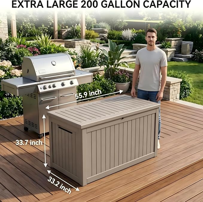200 Gallon Resin Outdoor Storage Box for Garden Tools, Pool Supplies & Outdoor Patio Cushions – UV-Resistant, Waterproof, Durable Material – Lockable (Brown)