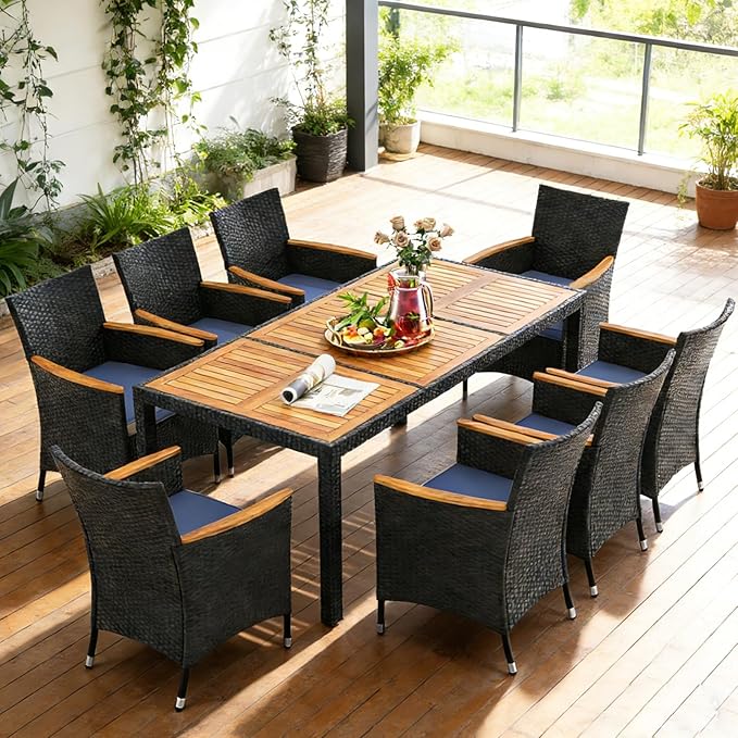 COSTWAY 9-Piece Patio Dining Set for 8, Outdoor Rattan Wicker Table and Chairs Furniture Set with Umbrella Hole, Acacia Wood Tabletop for Backyard, Balcony, Poolside, Black & Navy