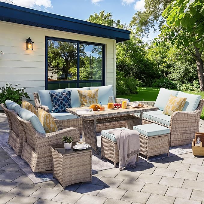 MEISSALIVVE 8 Pieces Patio Furniture Set with Swivel Rocking Chairs, Patio Conversation Set with Dining Table, Patio Dining Set with Waterproof Cushions for Lawn Backyard Porch (Blue)