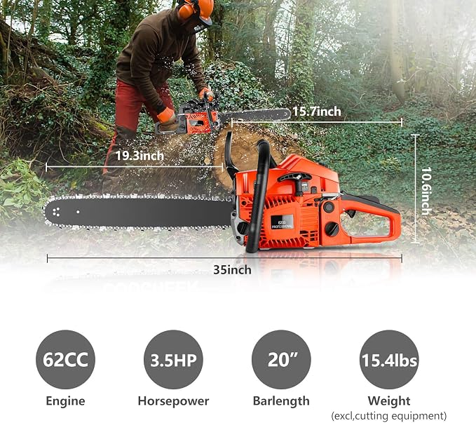 62CC Gasoline Chainsaw with 20-Inch Bar, 3.5HP 2-Stroke Gas Powered Chain Saw for Logging, Landscaping, and Firewood Cutting, Heavy Duty Tree Saw for Farm, Garden and Ranch Use