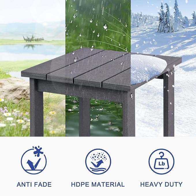 LZRS Patio End Table, Heavy Duty HDPE Outdoor Coffee Table with Wood Texture, Weatherproof Composite Table for Adirondack Chairs, Deck, Pool, Indoor/Outdoor, No Peeling or Cracking(Grey)