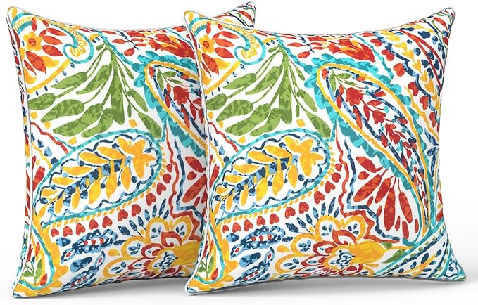 LVTXIII Outdoor/Indoor Throw Pillows, Decorative Patio Accent Pillows, Fluffy Water Repellent Garden Cushions for Home Patio Coach Sofa Use, 18×18 Inch, Pack of 2, Paisley Multi