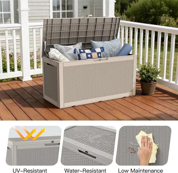 Mars Villa 100 Gallon Outdoor Storage Box, Resin Deck Box Waterproof for Patio Furniture Cushions, Pool Supplies, Gardening Tools, Weatherproof and UV Resistant, Grey