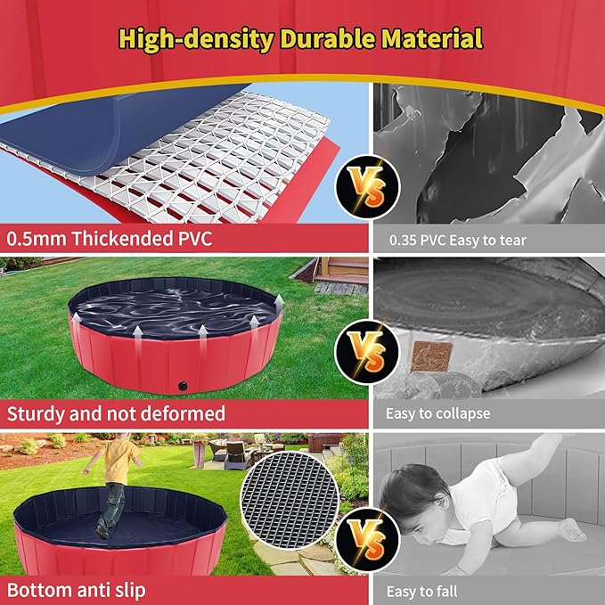 CACSPS Foldable Dog Pool, 63" x 12" Kiddie Pool with Hard Plastic, Non-Slip Dog Bath Tub for Outdoor Backyard, Collapsible Dog Swimming Pool for Kids Dogs Pets (Red)