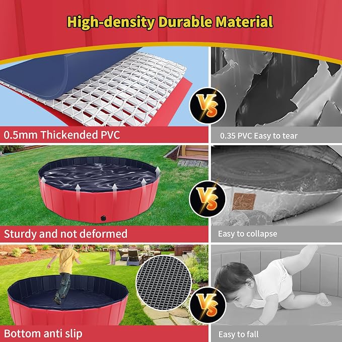 CACSPS Foldable Dog Pool, 39" x 12" Kiddie Pool with Hard Plastic, Non-Slip Dog Bath Tub for Outdoor Backyard, Collapsible Dog Swimming Pool for Kids Dogs Pets (Red)