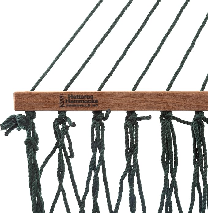 Hatteras Hammocks Large Green DuraCord Rope Hammock – 13 ft. x 55 in., 2-Person, 450 lb Capacity, Cumaru Spreader Bar, Zinc-Plated Hardware – Handcrafted in The USA