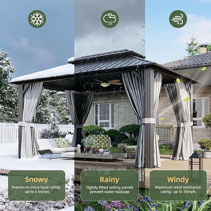 Aoxun 12’x14’ Hardtop Gazebo, Permanent Metal Pavilion with Galvanized Steel Double Roof, Outdoor Pergola with Nettings and Curtains for Lawn, Garden, Patio (Gray)