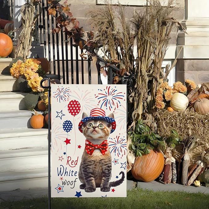 4th of July Garden Flags 12X18 IN Double Sided Red White Wroof Cat Garden Flag for Memorial Independence Farmhouse Yard Outside Decoration