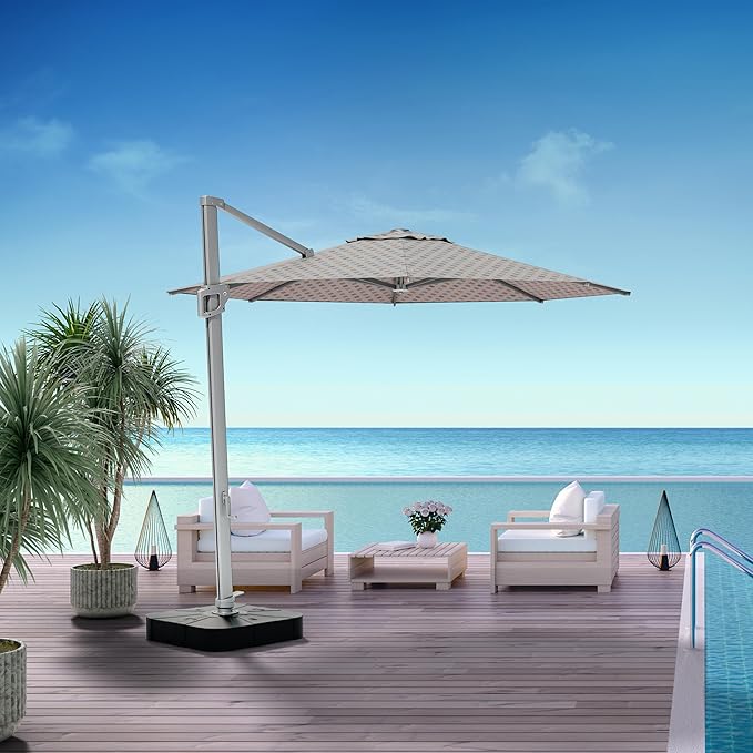 Midtown Umbrellas The Grande Round 10 FT Outdoor Cantilever Patio Umbrella w/Sunbrella Infused Gem Acrylic Fabric - 8 Rib Aluminum Frame Offset w/Tilt And 360° Rotate Pedal System - Silver Frame