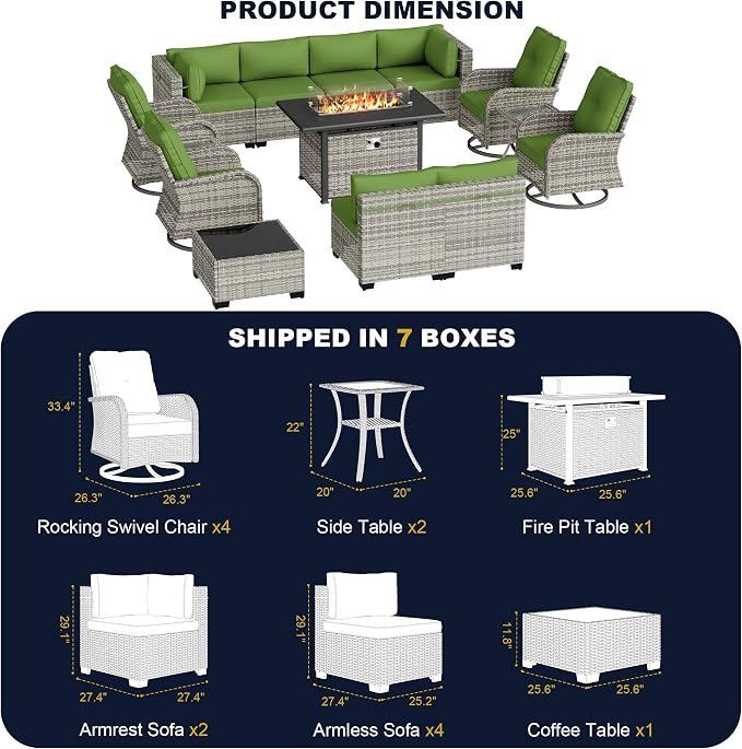 14-Piece Outdoor Patio Furniture Set with Rocking Swivel Chair, Wicker Rattan Sectional Sofa Conversation Set with 55,000 BTU Fire Pit Table, Backyard Furniture, Avocado Green