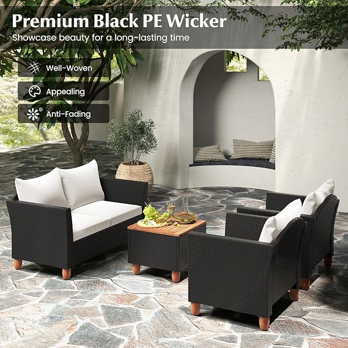 Tangkula 8 Piece Outdoor Conversation Set, Patio Cushioned Chairs w/Storage Coffee Table, Acacia Wood Tabletop & Chair Legs, Patio Wicker Furniture Set for Poolside, Lawn, Porch (2, Off White)