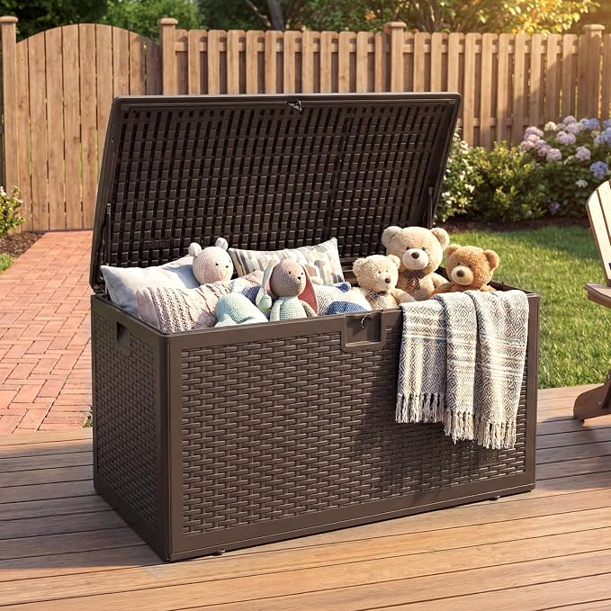 73 Gallon Large Resin Deck Storage Box, Weatherproof Lockable Outdoor Organizer with Woven Strap Design, Durable HDPE Chest for Patio Garden Tools, Pool Toys, Furniture Cushions