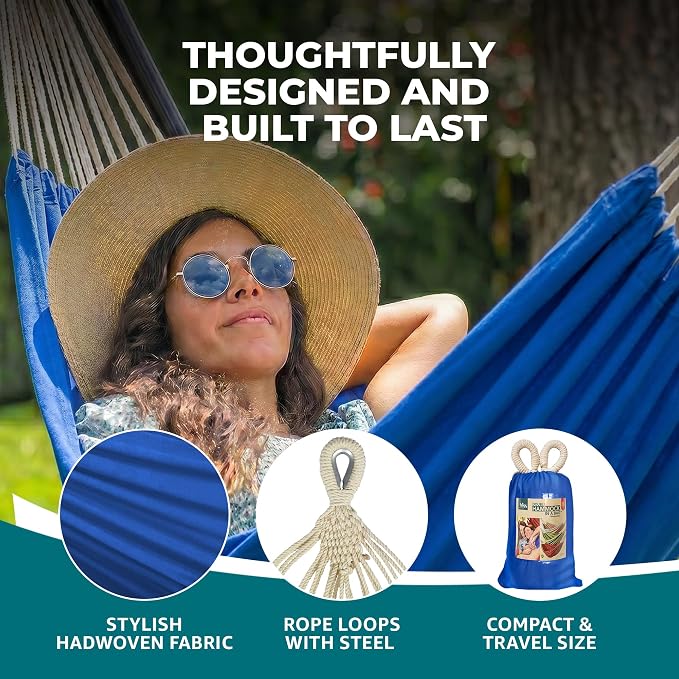 Bliss Hammocks 60" W Double Outdoor Hammock with Hand-Woven Rope Loops & Tree Straps, Patio, Durable, Cotton/Polyester, 265 Lbs Capacity, Dark Blue