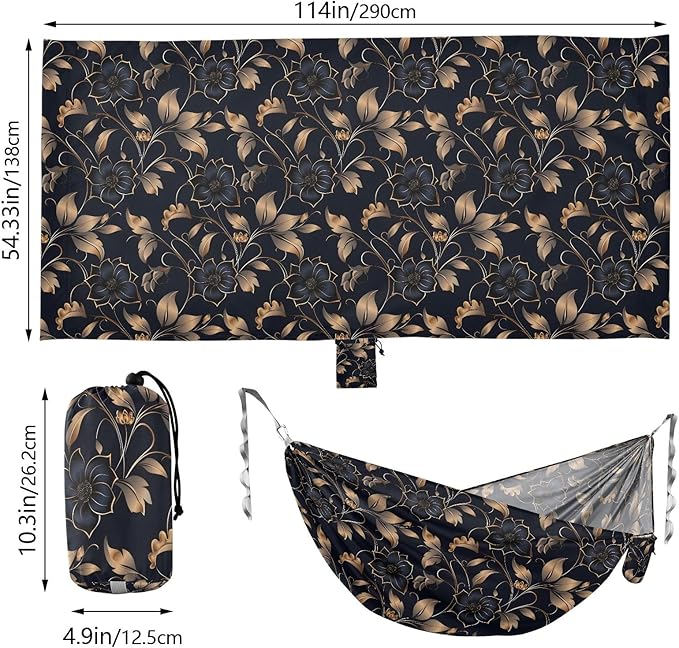 Camping Hammock Outdoor Hammocks for Outside Navy Gold Flower Beach Trees Portable Lightweight with Pockets Tree Straps Indoor