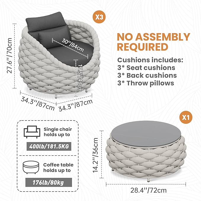 Balcony Furniture Set for Apartments: 4 Pieces Aluminum Woven Rope Patio Conversation Set - Modern Cushioned Lounge Chair Set - Assembled Porch Armchair for 400lbs Garden Lanai Poolsides Hotel