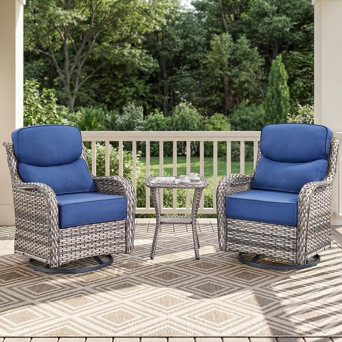 Luxury Swivel Rocker Chairs Set with 6" Thick Cushion 3 piece Wicker Outdoor Swivel Rocker Patio Chair with Side Table High Back Comfortable Outdoor Patio Furniture Set - Gery | Blue