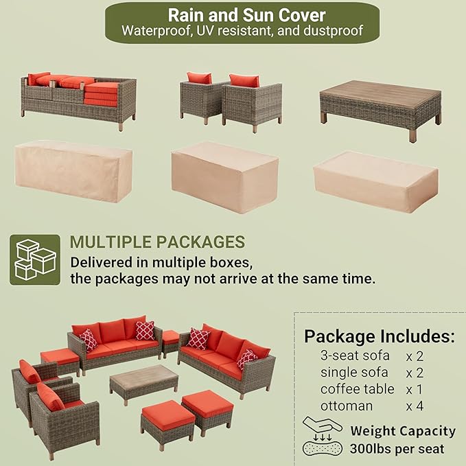 9 Pieces Patio Furniture Sets All Weather Reinforced Wicker Rattan Sectional Sofa with Metal Top Coffee Table Outdoor Furniture Conversation Set for Porch, Poolside, Garden, Backyard, Red