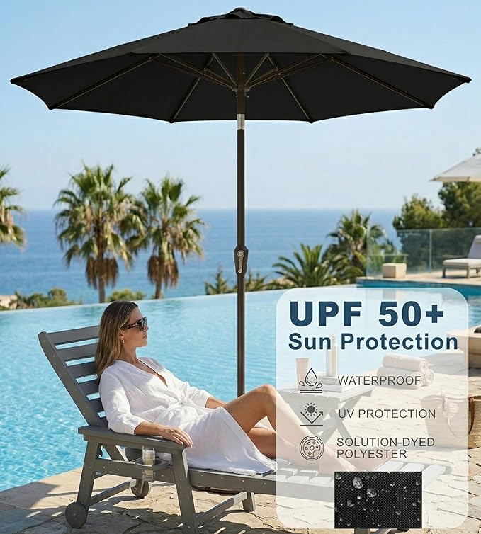 PatioKingdom Auto-Tilt 9FT Patio Umbrella Outdoor with 8 Sturdy Fiberglass Ribs,Market Table Umbrella for Pool,Backyard,Deck and Garden
