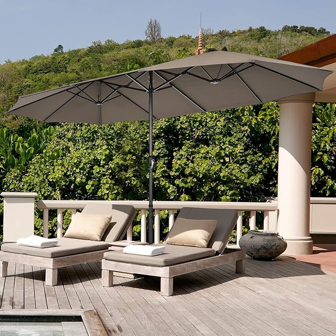 Tangkula 15FT Double-Sided Patio Umbrella, Outdoor Market Umbrella W/Hand-Crank System & Enhanced Base, Ultra-Large Twin Garden Umbrella W/ 12-Rib Structure for Residential & Commercial Use (Coffee)