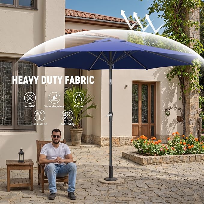 Outdoor Patio Umbrella with One Push Button Tilt and Crank, 8 Sturdy Ribs Market Table Umbrella