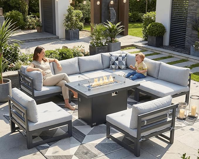 NICESOUL 9 Piece Modern Aluminum Patio Furniture Set with Fire Pit Table, 500 lbs Heavy Duty Outdoor Sectional Sofa, 29" Deep Wide Oversized Seating L Shaped Conversation Couch for Garden, Light Gray