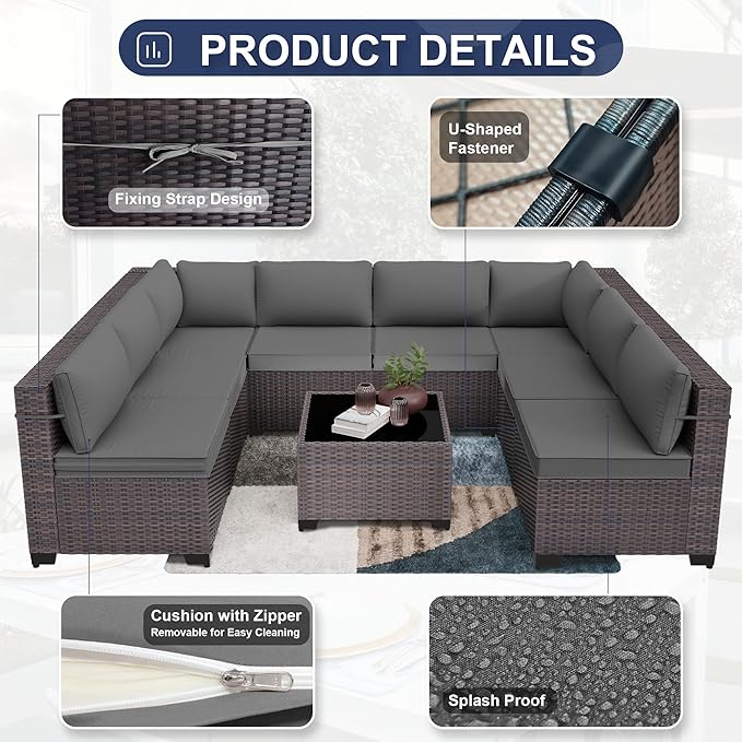 Patio Furniture Set 9pcs Outdoor Furniture for Backyard Sectional Sofa Set, Wicker Rattan Outdoor Conversation Set with 4 Inch Thickened Cushions and Coffee Table, Grey