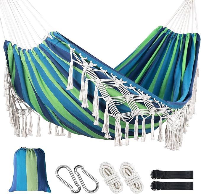Posprica Brazilian Style Double Hammock with Fringe, 2 Person Patio Hammock for Backyard & Indoor Relaxation, Soft Breathable Fabric, Easy Setup with Straps & Carry Bag, 360 lbs Capacity