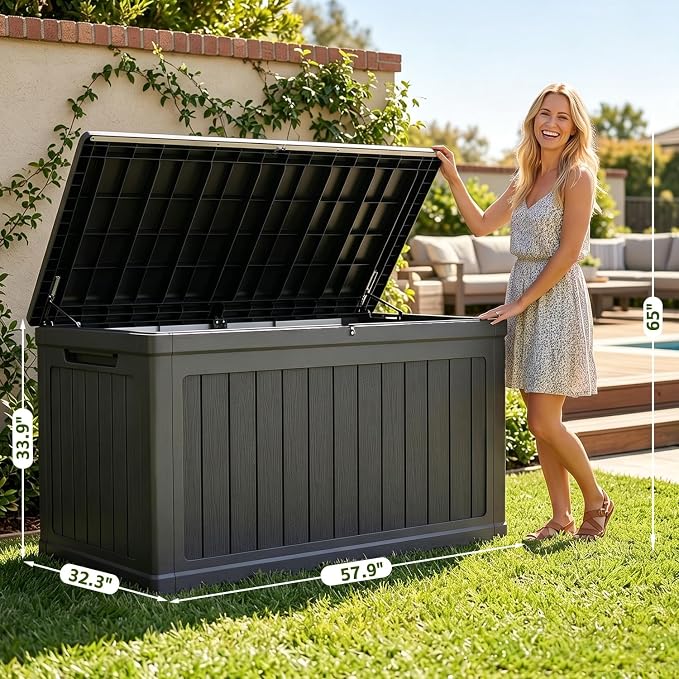 270 Gallon Deck Box, Extra Large Waterproof Outdoor Storage Box with Hydraulic Rod, Weatherproof Resin, Lockable Wood-grain Finish Container for Patio Furniture, Garden, Pool and Garage (Black)
