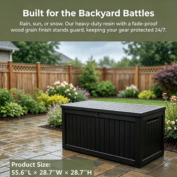 198 Gallon Resin Deck Box – Finally, a Lockable Outdoor Storage That Fits Everything (Cushions, Tools, Pool Gear & BBQ) – Weatherproof Wood Grain Design for Patio, Garden, Office, Home Indoor Outdoor
