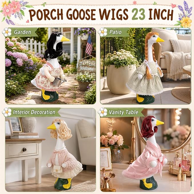 4Pcs Porch Goose Wigs Set Porch Goose Outfits Accessories for Outdoor Statue Accessories Garden Patio Yard Goosey Decoration (4pcs Set with False Lashes)