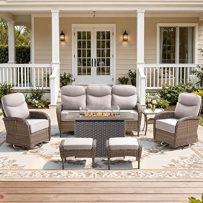7-Piece Luxury Patio Furniture Set with 6-Inch Thick Cushions, High-Back Outdoor Sofa & Swivel Rocking Chairs with Wicker 42" Fire Pit, All-Weather Conversation Set for Porch, Deck, Yard – Beige