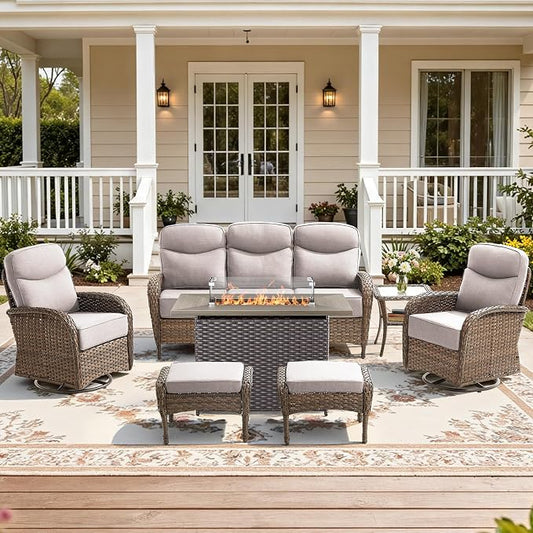 7-Piece Luxury Patio Furniture Set with 6-Inch Thick Cushions, High-Back Outdoor Sofa & Swivel Rocking Chairs with Wicker 42" Fire Pit, All-Weather Conversation Set for Porch, Deck, Yard – Beige