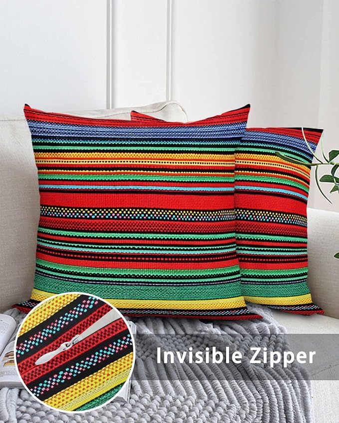 Outdoor Waterproof Throw Pillows Mexican Colorful Stripes Patio Pillows Pack of 1,Decorative Pillow Covers with Insert,Pillow Cushion Case for Garden Couch Sofa Rainbow Lines Ethnic Style