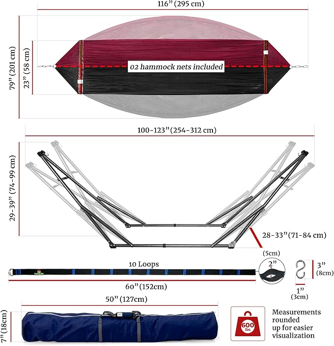 Tranquillo Combo x2 Hammocks with Stand for Outside & Tree Straps, Heavy Duty Hammock with Stand 600lbs for Indoor Outdoor Patio Backyard, x2 Hammocks for 2 Person (Combo - Red, Medium)